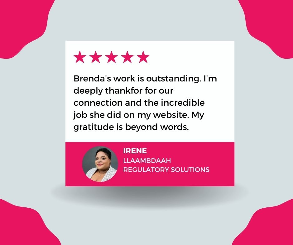 Review from client Irene after Brenda Powers Digital Marketing created a tailored website for her company.