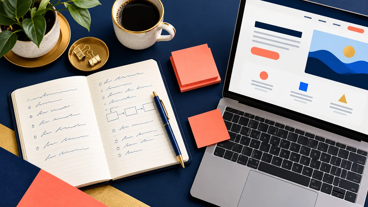 Notebook, pen, and coral notes beside a laptop showing a sample service page.
