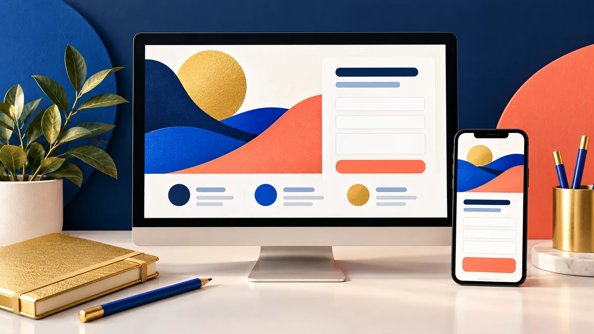 Desktop monitor and phone showing sample website contact forms with coral buttons.